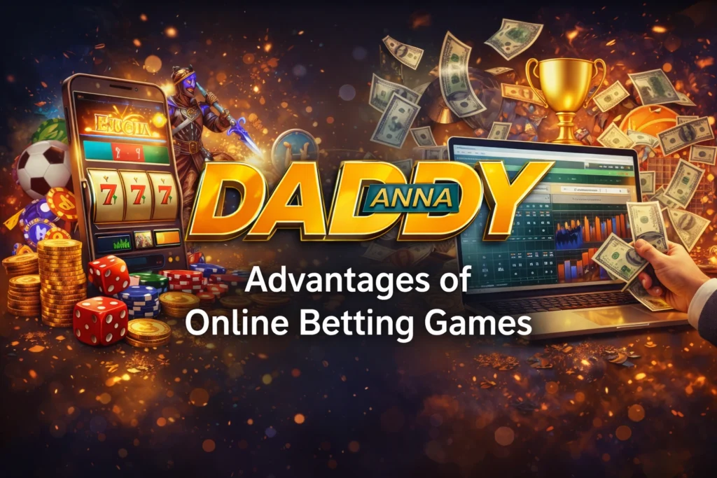 Advantages of online betting games showing convenience, bonuses, and entertainment with Daddy Anna logo