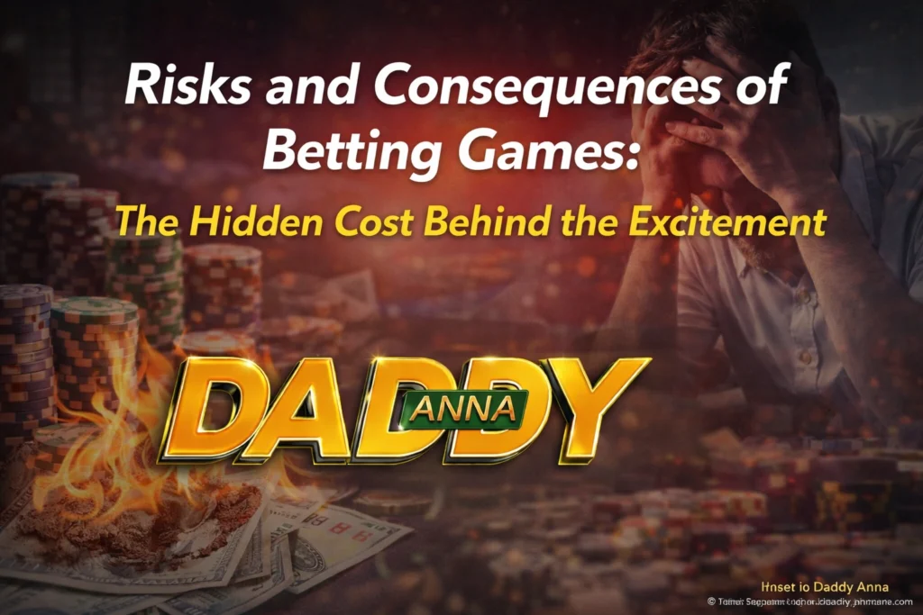 Risks and consequences of betting games showing financial loss stress and gambling dangers with Daddy Anna logo