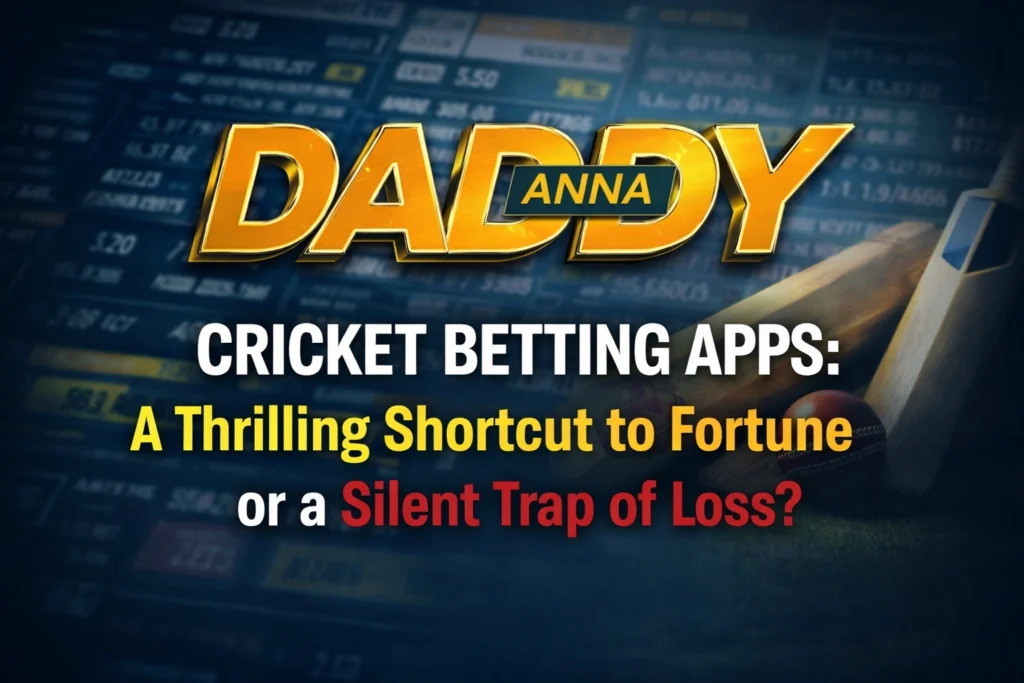 Cricket betting apps banner showing thrill of winning vs risk of loss with Daddy Anna logo