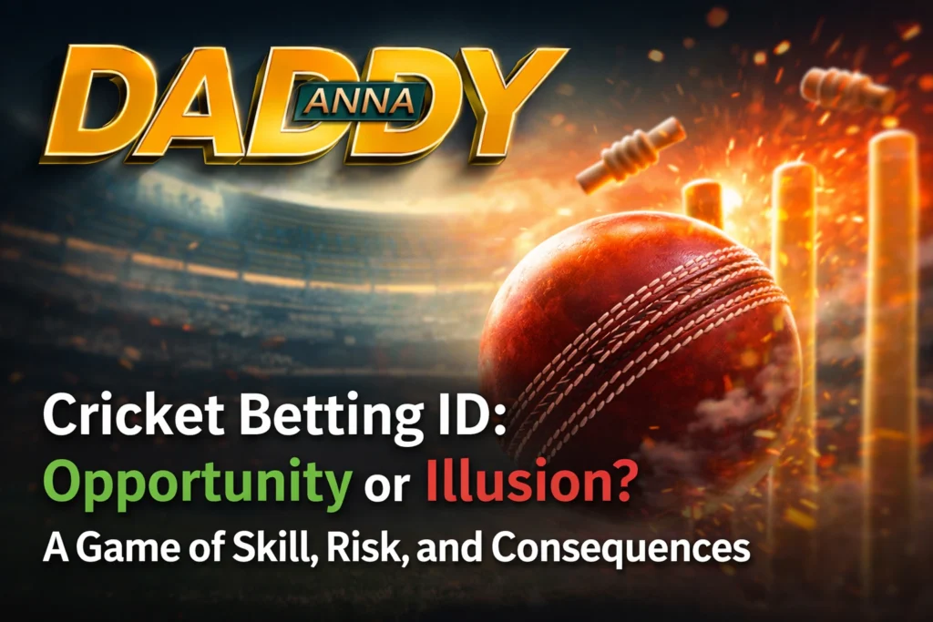 Cricket Betting ID opportunity or illusion concept with Daddy Anna logo and cricket ball in stadium
