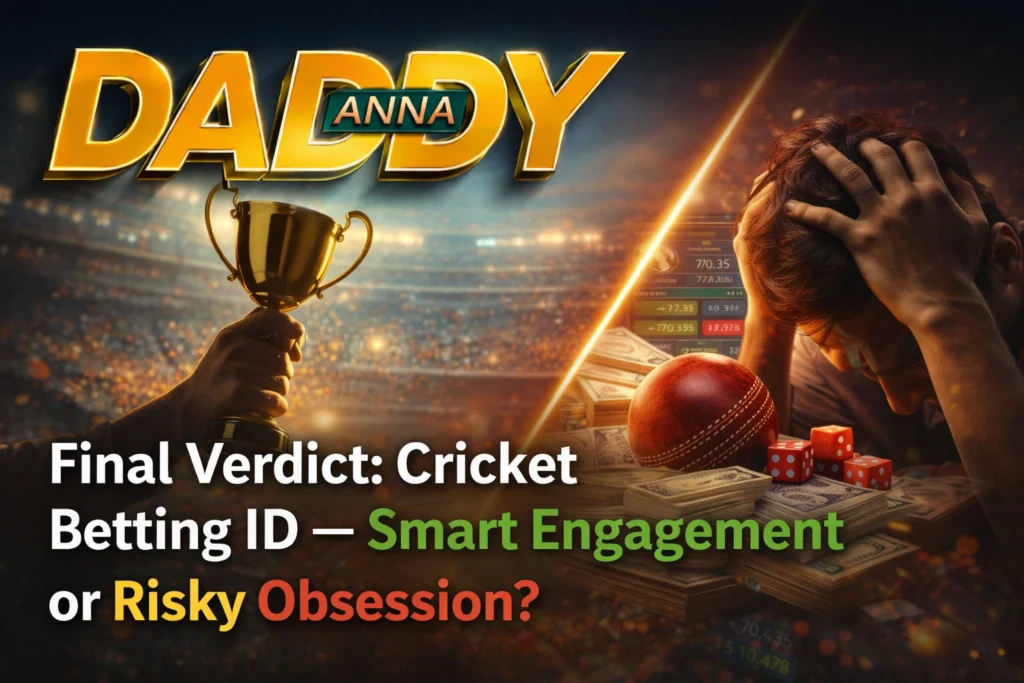 Cricket betting ID smart engagement or risky obsession concept with Daddy Anna logo, trophy, and stressed bettor