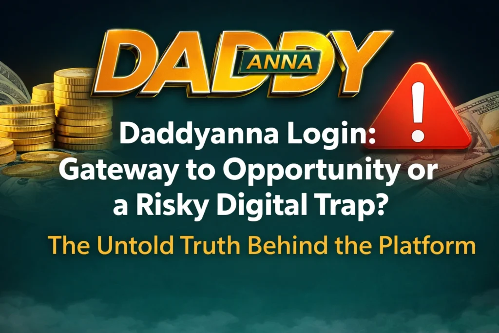 Daddyanna Login gateway to opportunity or risky digital trap concept with logo coins and warning sign