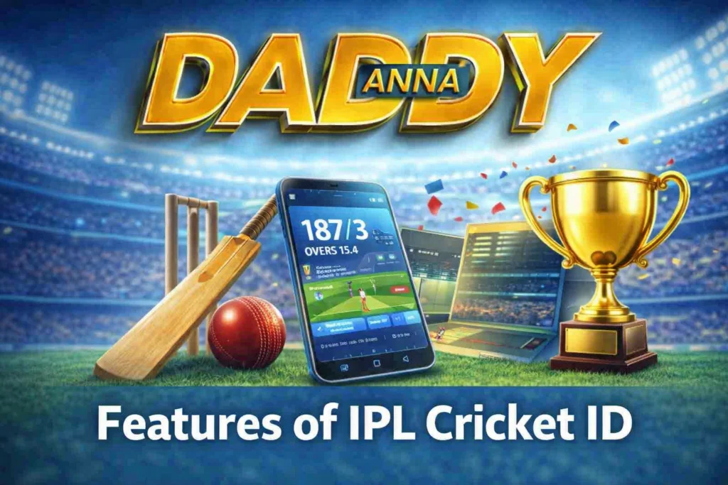 Features of IPL Cricket ID with Daddy Anna logo, cricket bat, ball, and stadium background