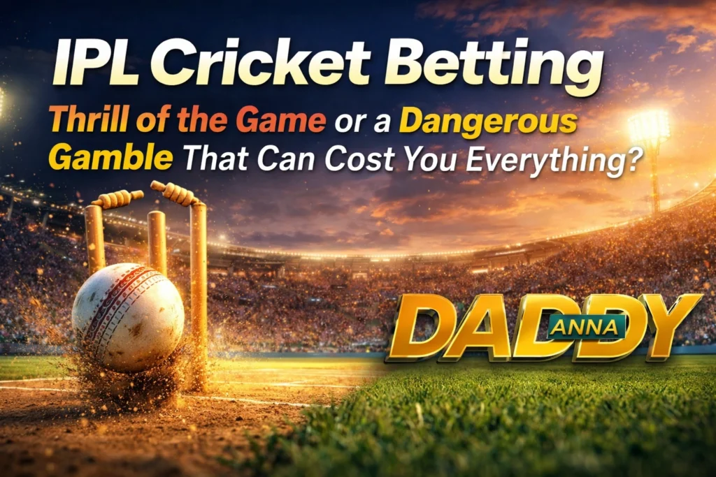 IPL Cricket Betting thrill vs risk concept with Daddy Anna logo and cricket stadium background