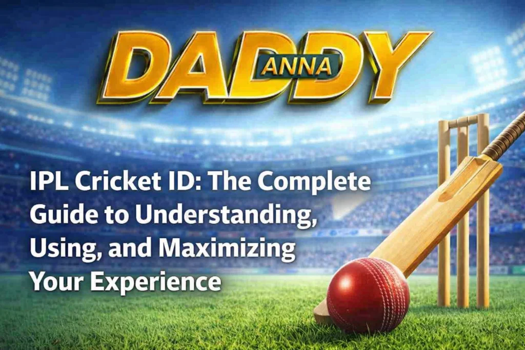 IPL Cricket ID complete guide with Daddy Anna logo, cricket bat, ball, and stadium background