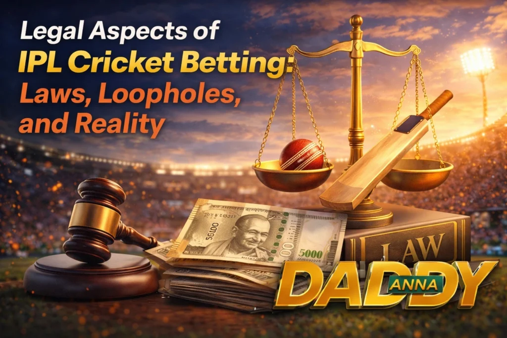 Legal aspects of IPL cricket betting showing laws, loopholes and reality with Daddy Anna logo