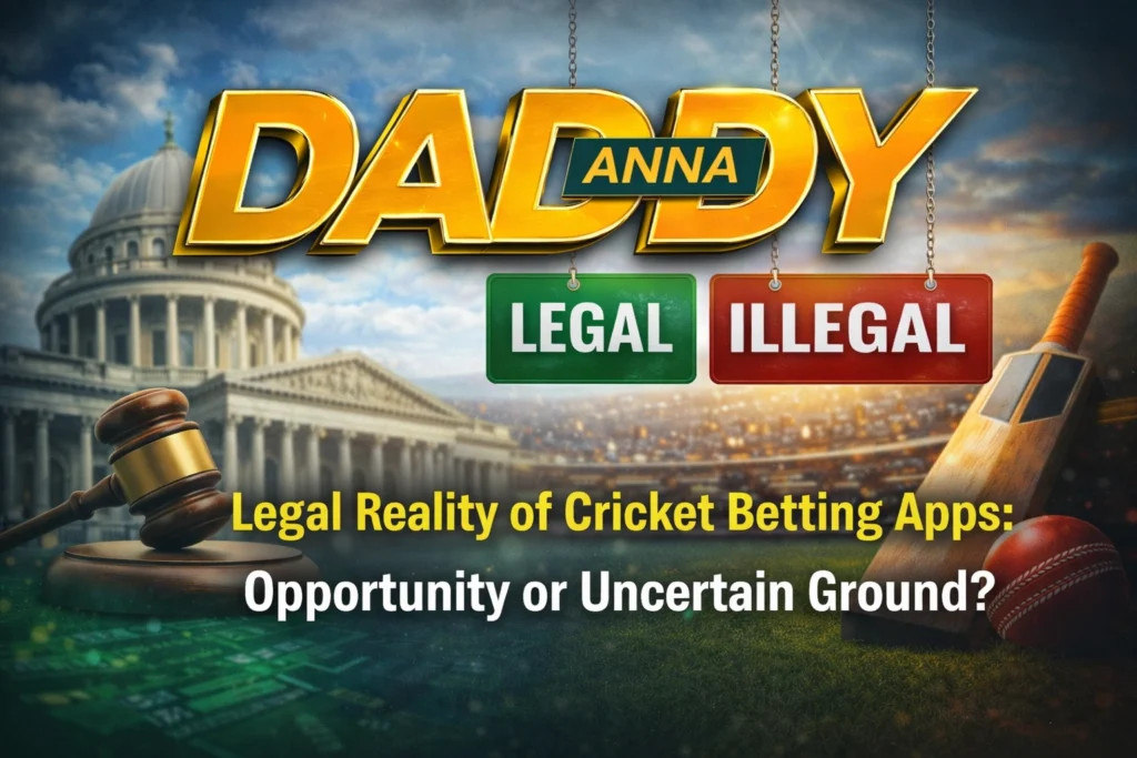 Legal reality of cricket betting apps showing opportunity versus uncertain risks with Daddy Anna logo