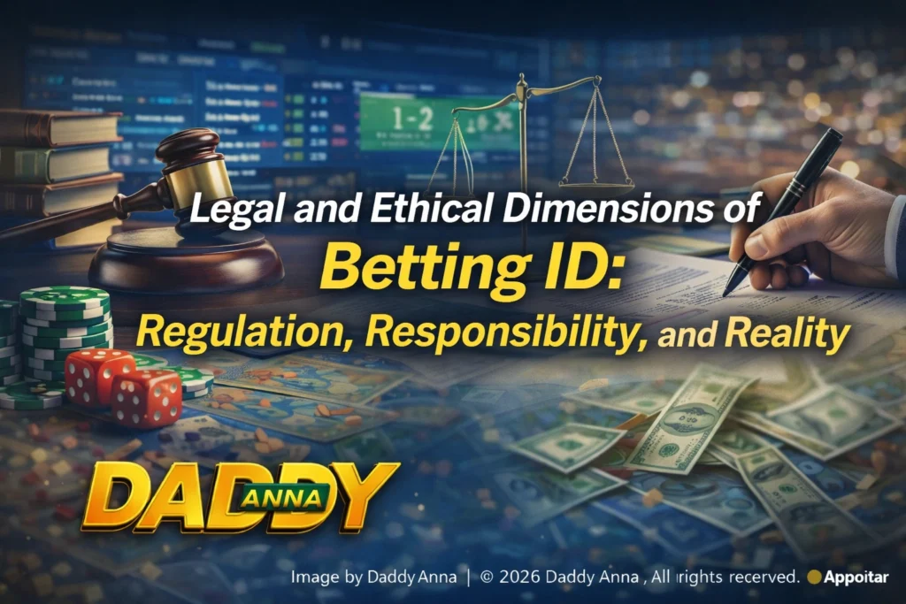 Legal and ethical aspects of Betting ID showing regulation, responsibility, and online betting risks with Daddy Anna logo