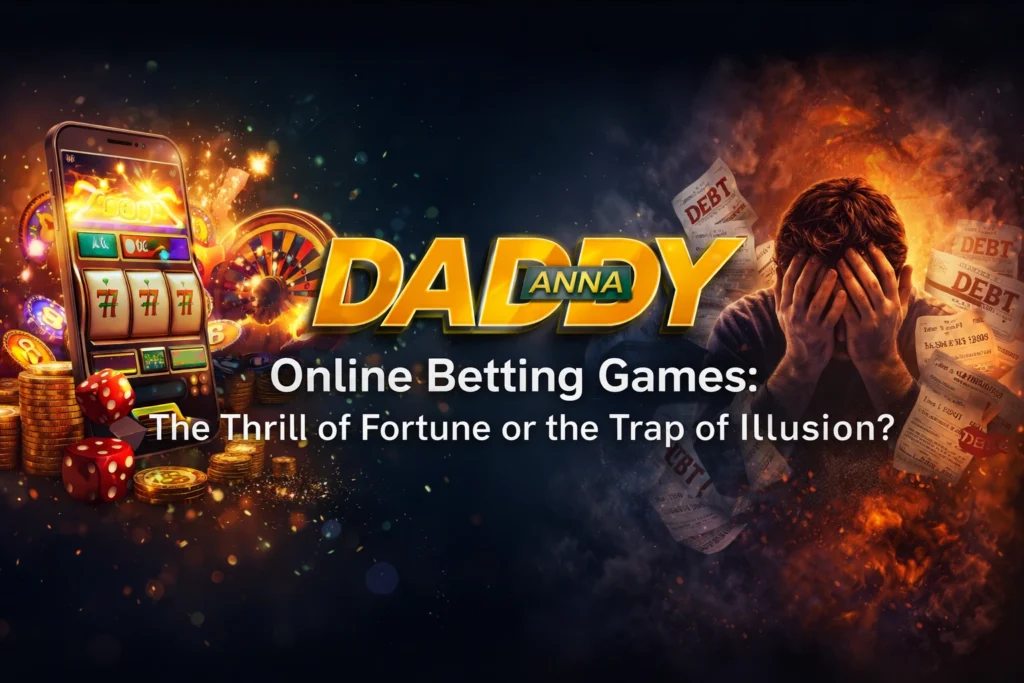 Online betting games concept showing thrill of fortune and risk of illusion with Daddy Anna logo