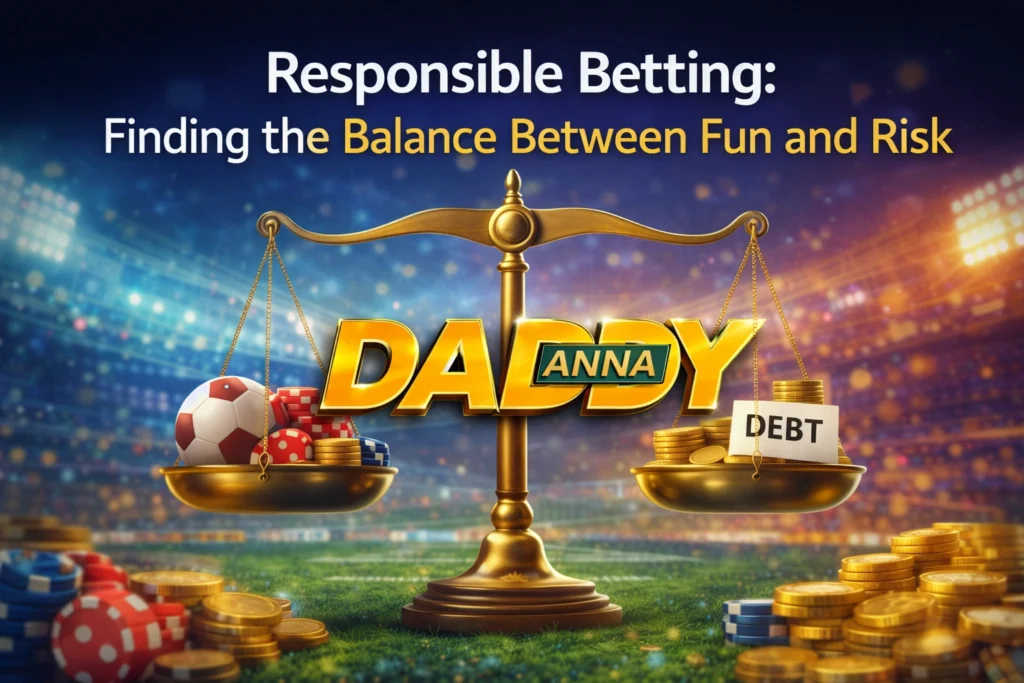 Responsible betting concept showing balance between fun and risk with Daddy Anna logo highlighting safe online gambling practices