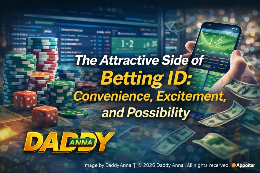 Attractive side of Betting ID showing convenience, excitement, and online betting experience with Daddy Anna logo