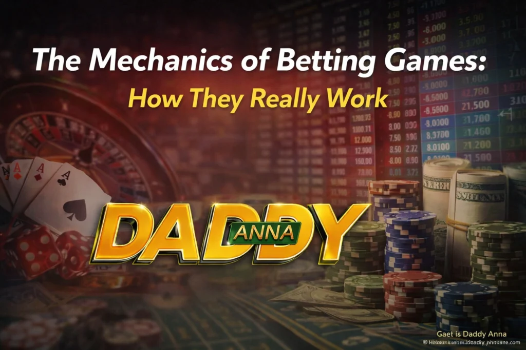 Illustration of betting games mechanics showing odds probability and house edge with Daddy Anna logo