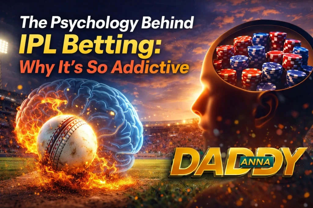 Psychology behind IPL betting addiction with Daddy Anna logo and cricket betting concept