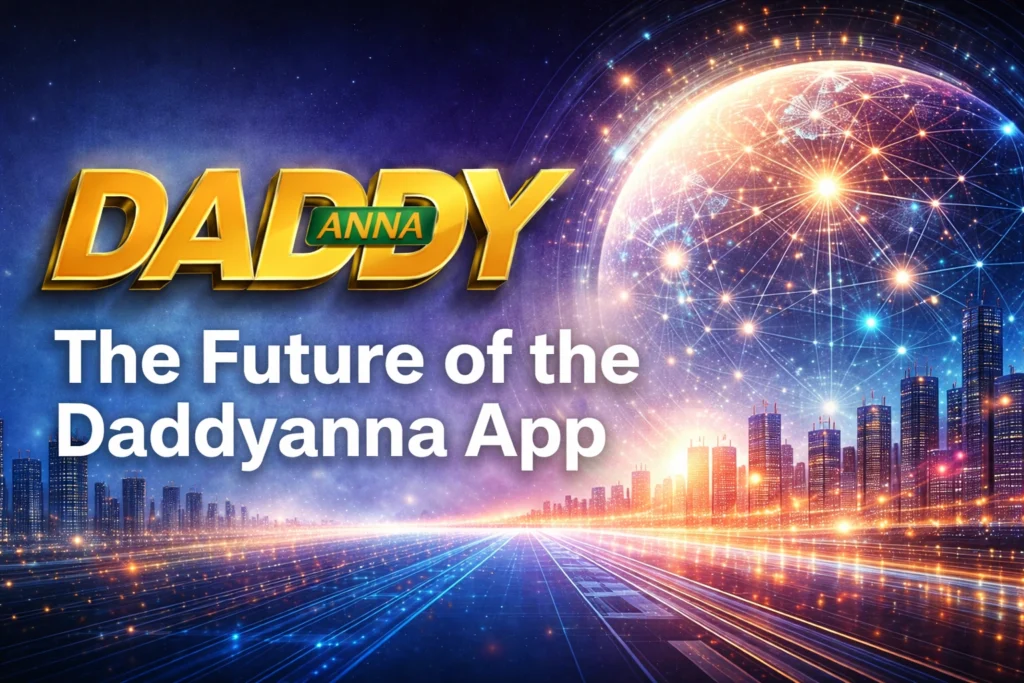 Future of Daddyanna App banner with logo and futuristic digital city network concept