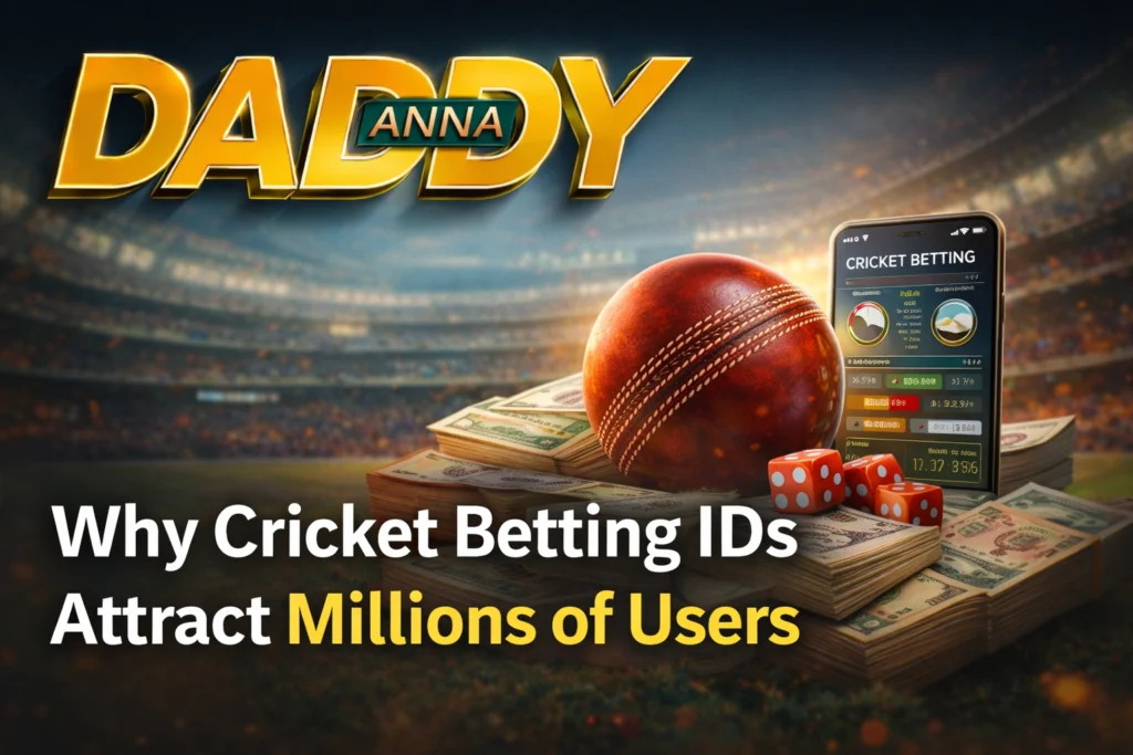 Why cricket betting IDs attract millions of users with Daddy Anna logo, cricket ball, money, and betting app